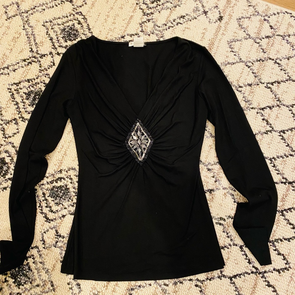 Paige Black V-neck Top S Goth Crystal Embellishment Long sleeve Party Holiday